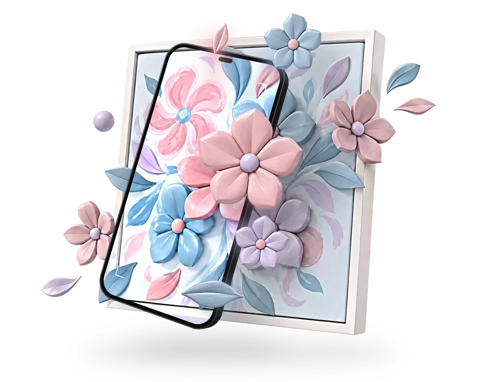 Illustration: a dark graphite phone held well in front of a pastel painting of sculpted 3D flowers; on the screen the bouquet is live and a pink flower, a blue flower, a lilac flower and leaves come out of the phone into the space in front of the painting