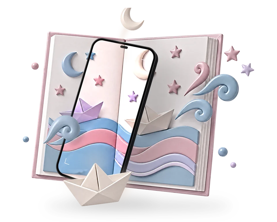 Illustration: a dark graphite phone held well in front of an open pastel picture book; on the screen the waves rise and the paper boat sails out of the phone with the moon