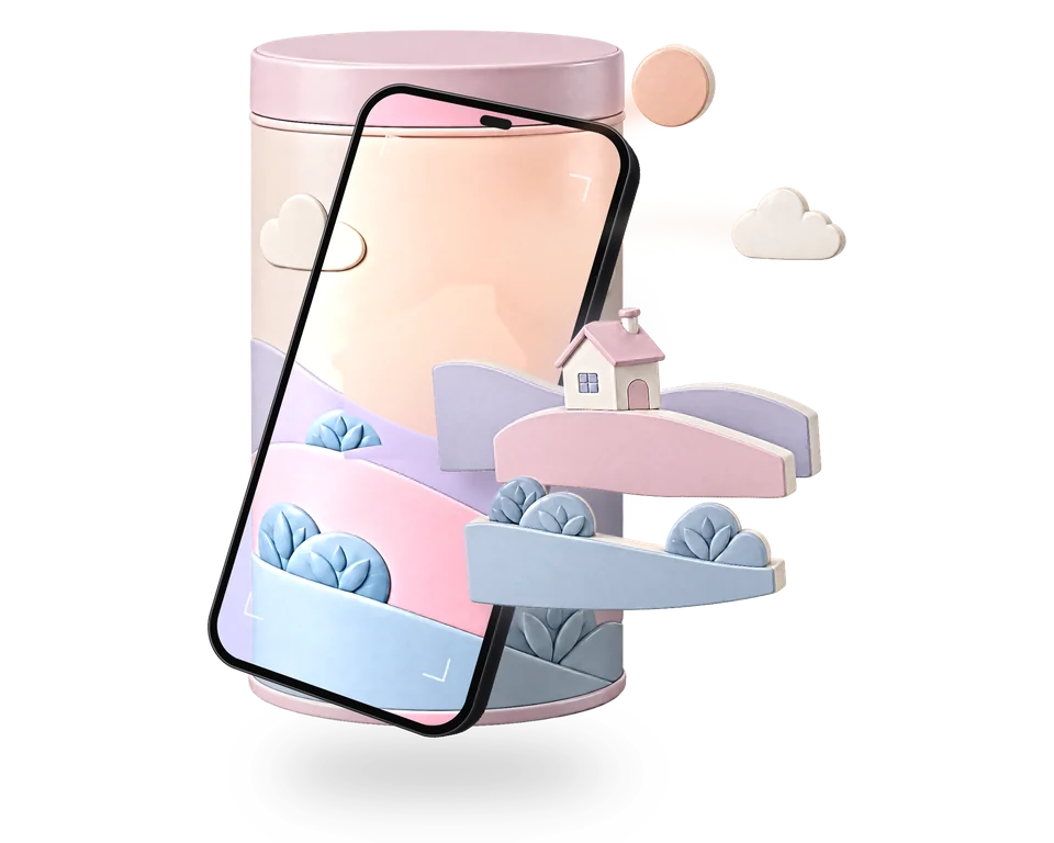 Illustration: a dark graphite phone held in front of a pastel tea tin printed with rolling hills, a little house, the sun and clouds; on the screen the house has left the print, and out of the phone the landscape unfolds as a pop-up diorama of thick card hills with the little house and bushes, the sun rising and a cloud drifting away