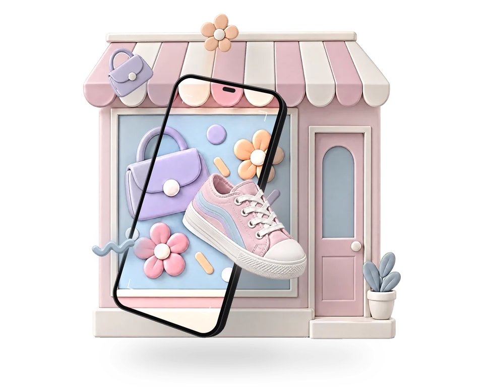 Illustration: a dark graphite phone held in front of a small pastel shop with a striped awning; on the screen the window poster comes alive and its pink sneaker, lilac handbag, a peach blossom and a blue squiggle float out of the phone over the street