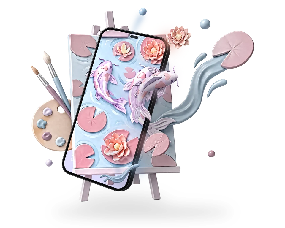 Illustration: a dark graphite phone held well in front of a pastel koi painting on an easel; on the screen the pond is live and a koi, a lotus, a lily pad and a splash of water swim out of the phone