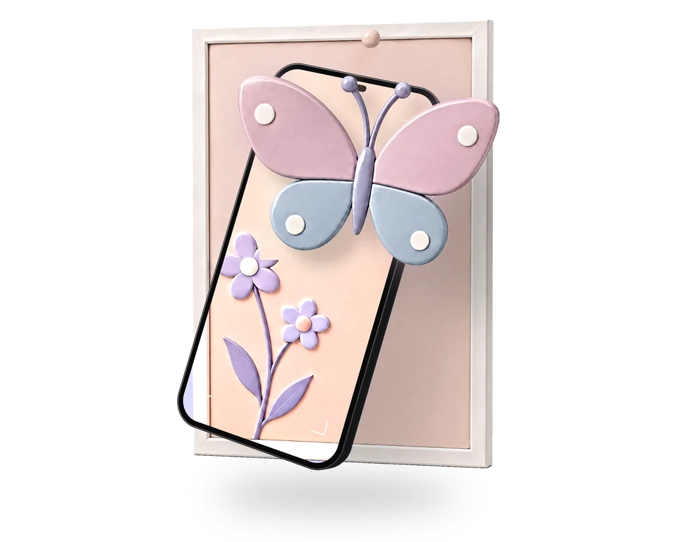 Illustration: a dark graphite phone held in front of a pastel postcard of a flower stem; on the screen the card is live and its butterfly has left the print, flying out of the phone