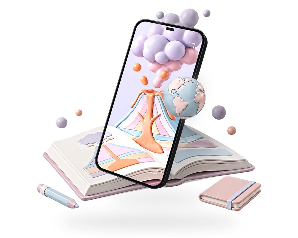 Illustration: a dark graphite phone held well in front of an open school book with a sculpted volcano; on the screen the volcano erupts and a 3D globe comes out of the phone