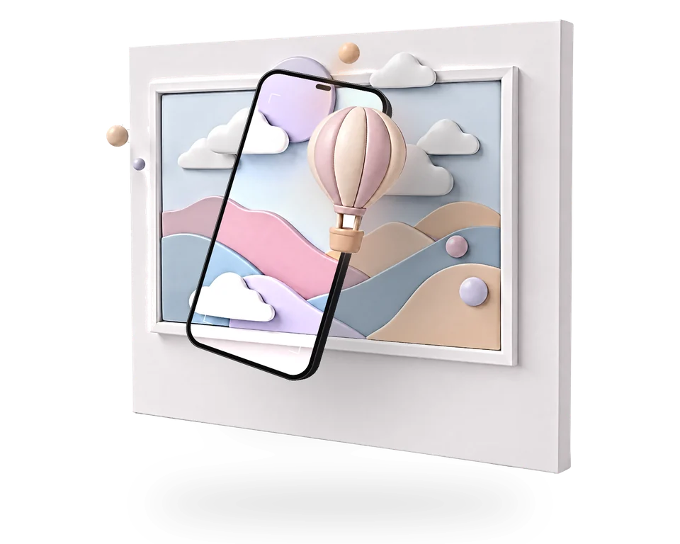 Illustration: a dark graphite phone held well in front of a framed pastel landscape in a gallery; on the screen the painting is live and its hot-air balloon floats out of the phone