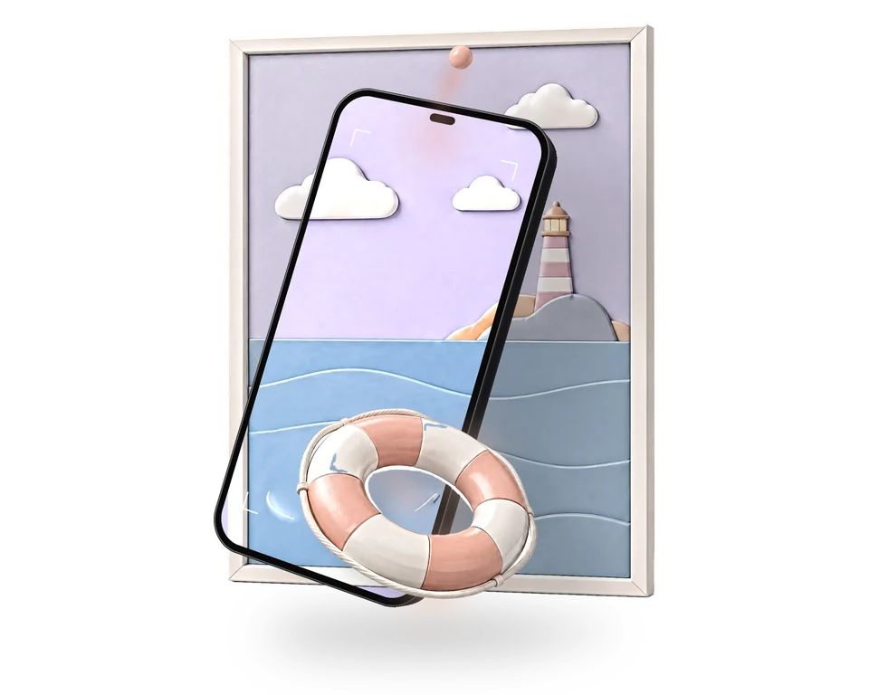 Illustration: a dark graphite phone held in front of a calm framed print of a lighthouse by the sea; on the screen the sea is live and the striped lifebuoy floats out of the phone