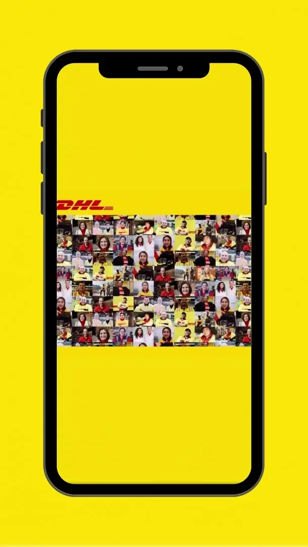 The yellow DHL thank-you card playing its video on a phone