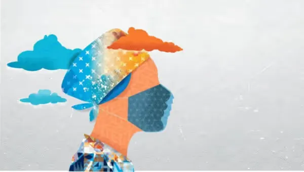 Collage-style profile of a person in a face mask and bandana with clouds, the Kaweah Health rebrand artwork