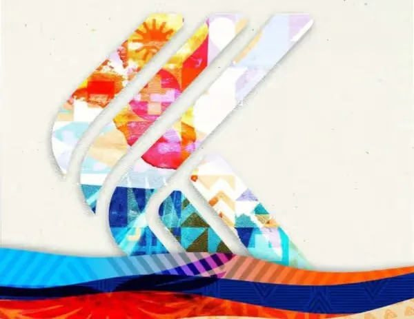 The Kaweah K logo made of crow wing shapes filled with colorful patterned collage