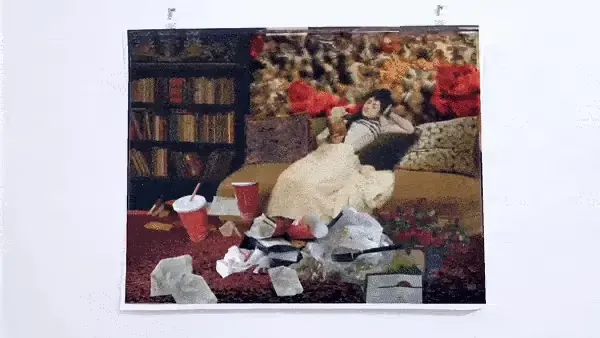 Elizabeth Leister's AR animation over the sofa painting, the reading woman now surrounded by fast food litter
