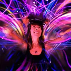 Woman wearing a VR headset surrounded by swirling purple light trails