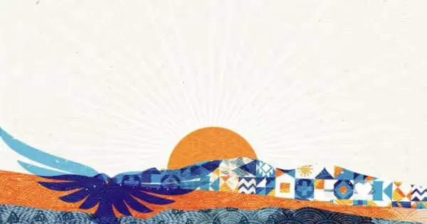 Kaweah Health artwork of a blue crow flying over patterned mountains toward an orange rising sun