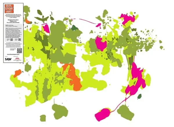 Andy Yang's Bus.Stop.Art poster, abstract green, pink and orange shapes with an info panel at top left
