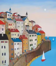 Slávka Krátká painting of colorful houses climbing a hillside above a harbor with sailboats
