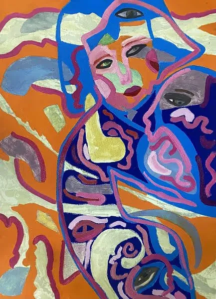 Juliana Plexxo painting of a woman's face and body in blue, pink and purple lines on an orange background, with extra eyes