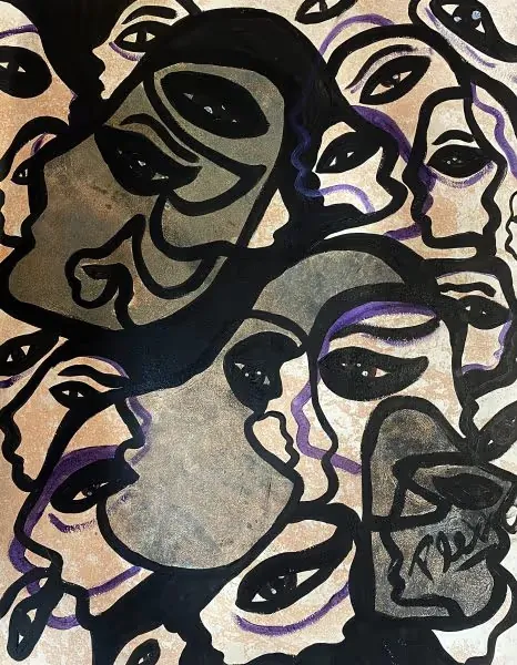 Juliana Plexxo artwork of overlapping faces and eyes in bold black lines over beige, gold and purple