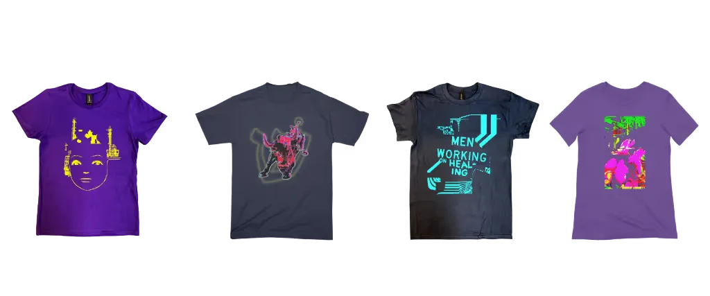 Four T-shirts with Daniel Kramer's neon glitch designs, including a face, a figure and the words Men Working on Healing