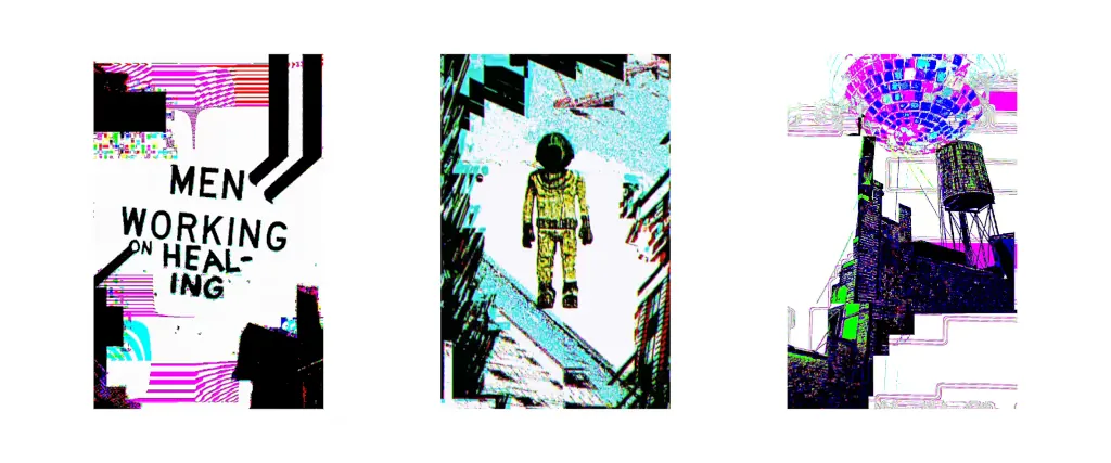 Three Daniel Kramer glitch prints: Men Working on Healing, a figure in a yellow suit, and a disco ball over a rooftop