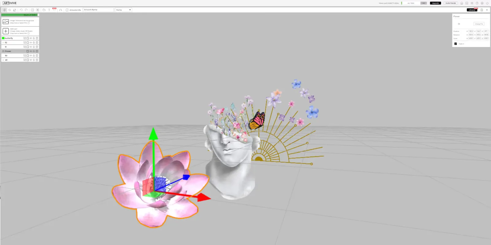 The Bridge 3D/Pro editor with a pink lotus selected on transform axes beside a classical bust crowned with flowers