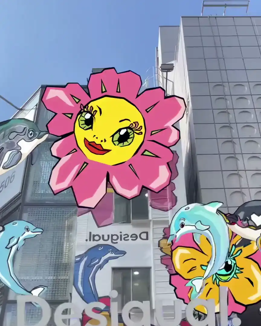 A Desigual store facade seen through a phone: a giant smiling flower, dolphins and cherries move over the building