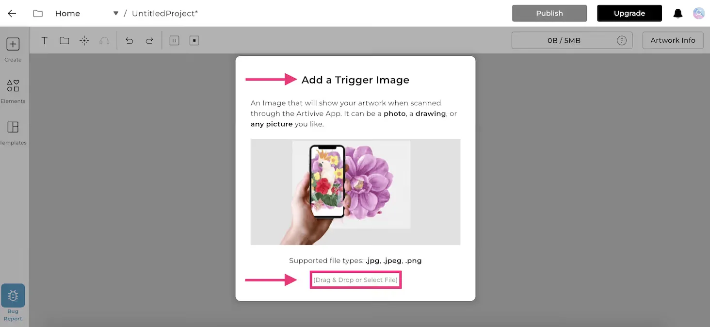 The Add a Trigger Image dialog in the editor: drag and drop or select a JPG or PNG file
