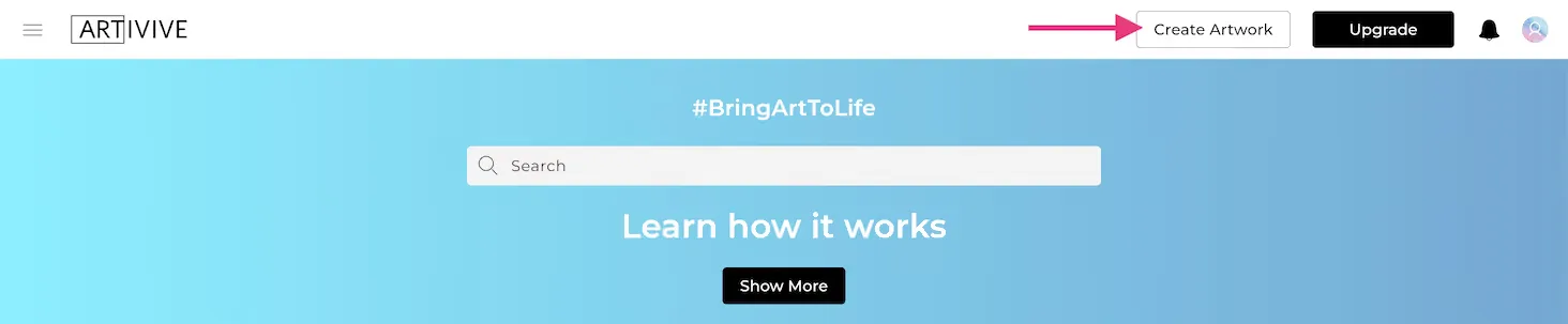 The Artivive Editor dashboard, with the Create Artwork button in the top right corner