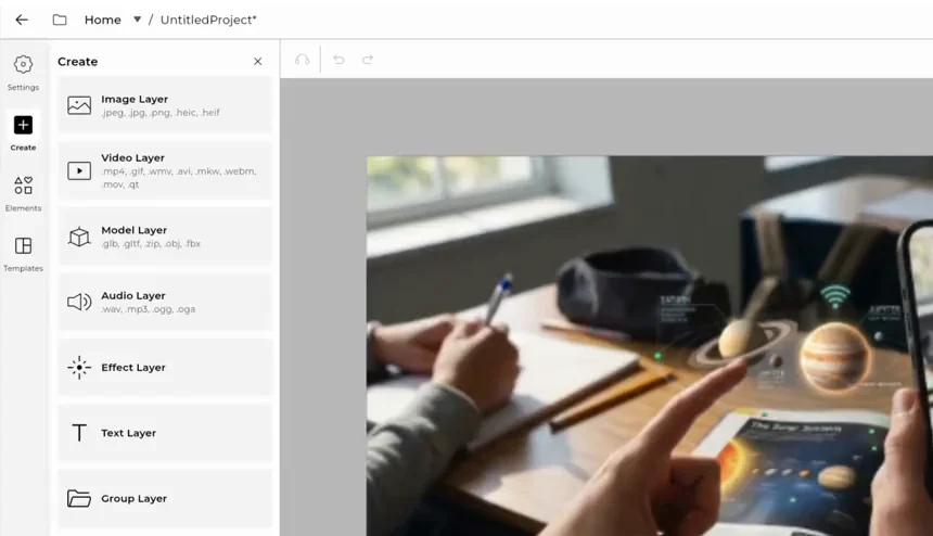 The Create panel of the editor, listing image, video, model, audio, effect, text and group layers beside the canvas