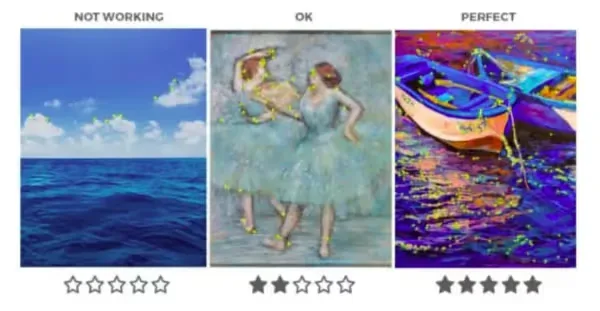 Three trigger images with their tracking points and star ratings: open sky and sea, not working, no stars; a soft painting of dancers, OK, two stars; a busy painting of boats, perfect, five stars