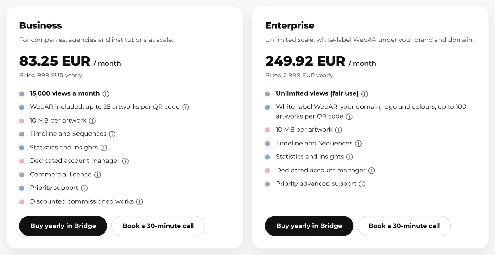 The Business and Enterprise plan cards on the Artivive pricing page