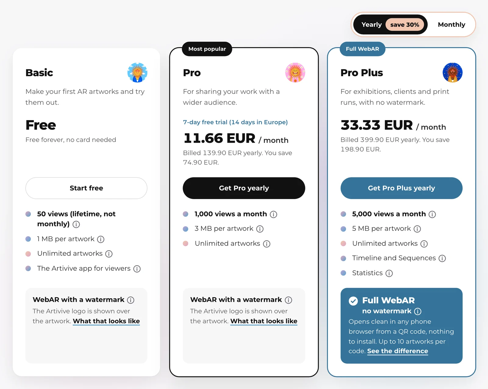 The Basic, Pro and Pro Plus plan cards on the Artivive pricing page, under the Yearly and Monthly billing switch