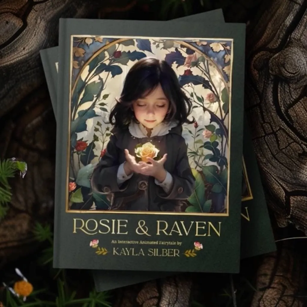 The cover of Rosie & Raven by Kayla Silber: a girl holding a glowing flower, framed by leaves