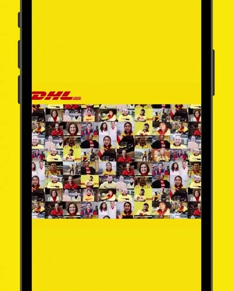 The yellow DANKE card designed by Alireza Mokarram for DHL Express Austria, playing a video message on a phone