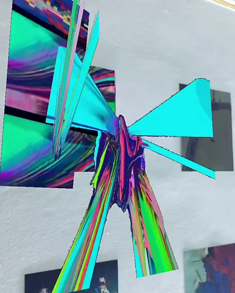 An art print from the Liquid Walls of Sound album by Station Rose, its abstract forms rising out of the print on a phone