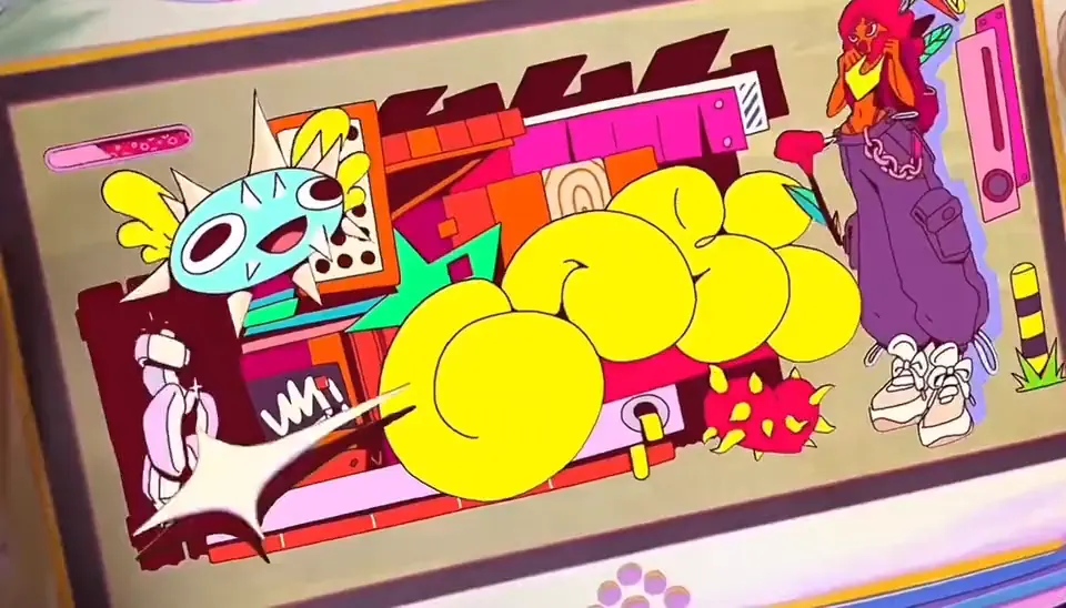 A tablet held over a printed page of Paper Console: pink, yellow and red illustrated characters bounce across the screen