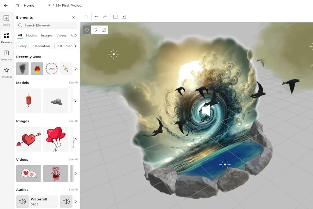The Bridge editor: a 3D scene of a wave and birds rising from an image, with the elements library on the left