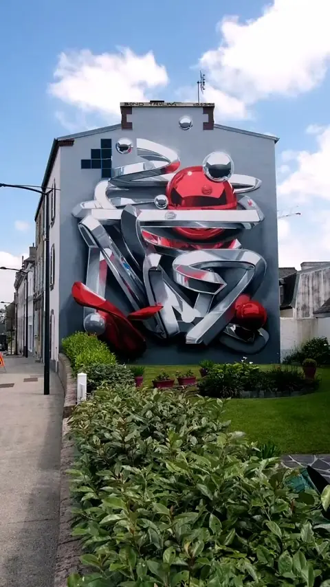 Chrome ribbons on two gable walls in Morlaix, by Bond Truluv