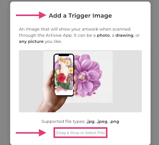 The Bridge dialog "Add a Trigger Image", with a drag-and-drop field for a photo, drawing or any picture