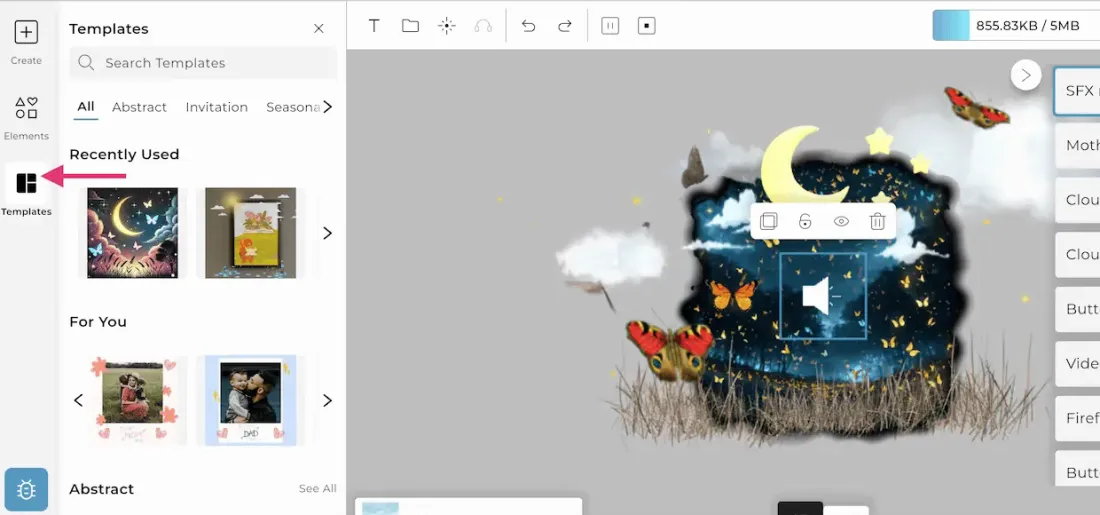 The Bridge editor with the templates panel open and a night scene of a moon, clouds and butterflies layered over the trigger image