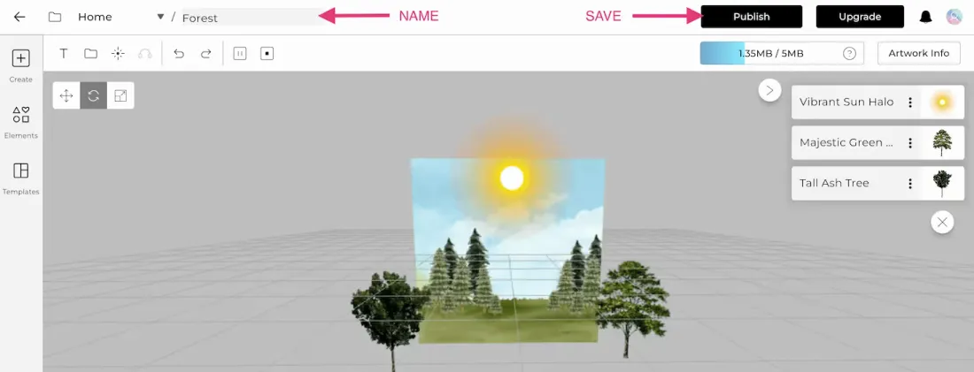 The Bridge editor toolbar with the artwork name field and the Publish button, above a forest scene with a glowing sun