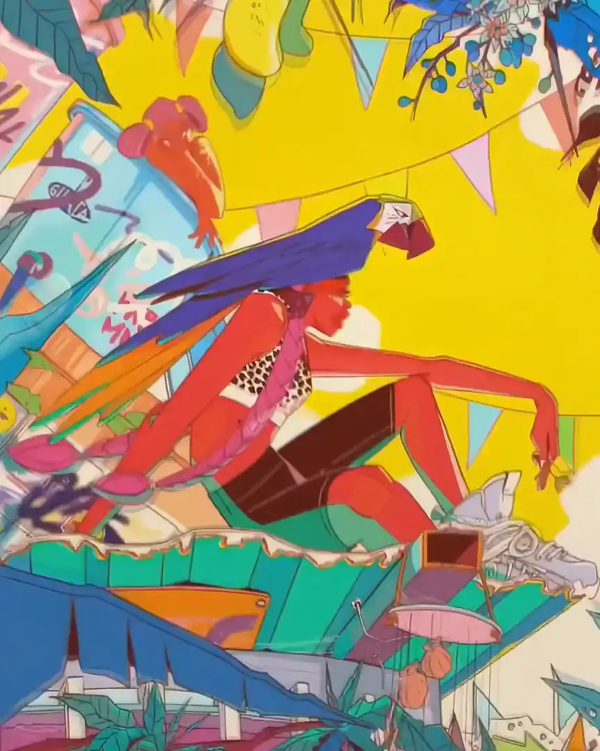 A colourful mural by Tamy Hadeed seen through a phone, its figures coming to life