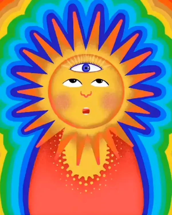 A painting by Mo Kalache: a smiling sun face with a third eye inside rainbow rings of red, yellow and blue