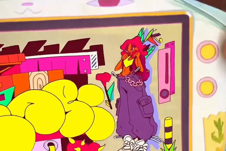 A page of Paper Console through the phone: yellow clouds, a magenta arcade machine and a character in purple