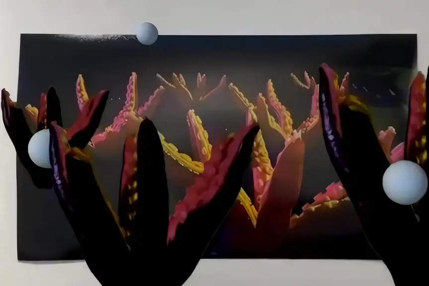 Through the phone, dark red tentacles modelled in Blender reach out of a student's print of coral-like branches