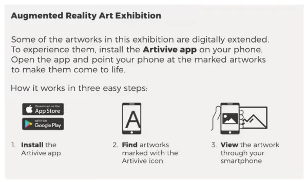Exhibition sign template, Augmented Reality Art Exhibition: install the Artivive app, find the artworks marked with the Artivive icon, view them through your smartphone