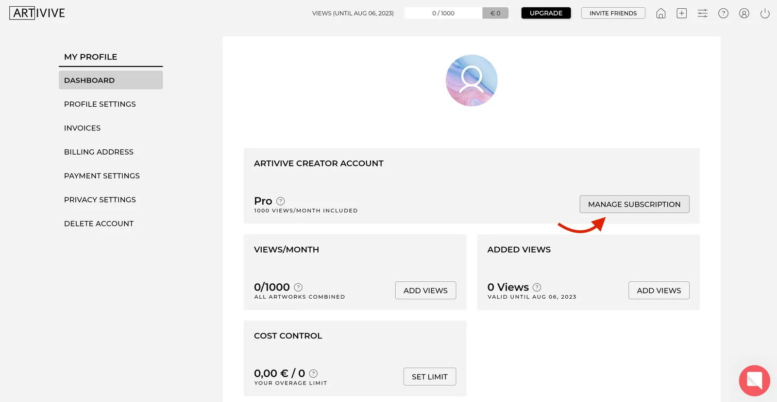 The Bridge profile dashboard, with Manage Subscription marked next to the current plan