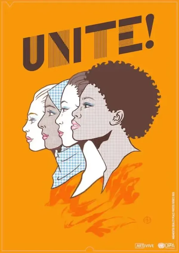 Illustration of four diverse women in profile with the word 'UNITE!' above them on an orange background.