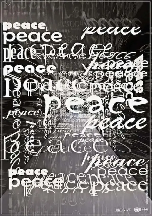 Black and white graphic design with the word 'peace' repeated in various fonts and sizes creating a layered, overlapping effect.