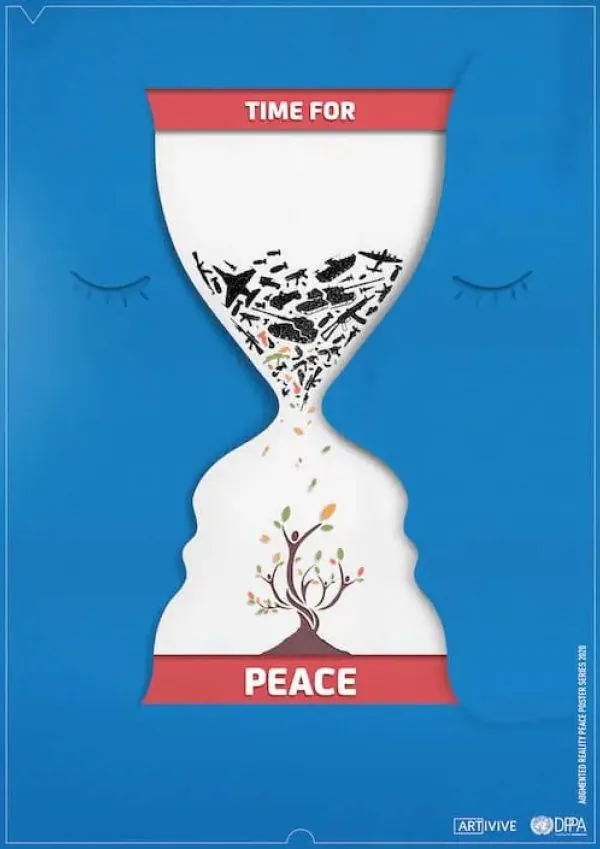 Hourglass with black silhouettes of weapons in the top half flowing down to form a tree with colorful leaves in the bottom half, framed by text saying 'TIME FOR PEACE' on a blue background with closed eyes.