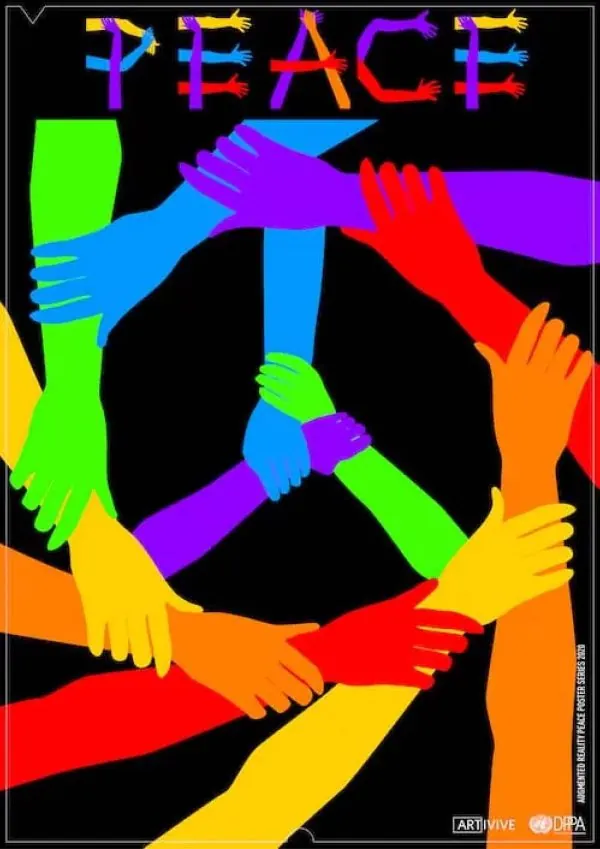 Colorful hands interconnected forming a peace symbol with the word 'PEACE' spelled out using hands at the top on a black background.