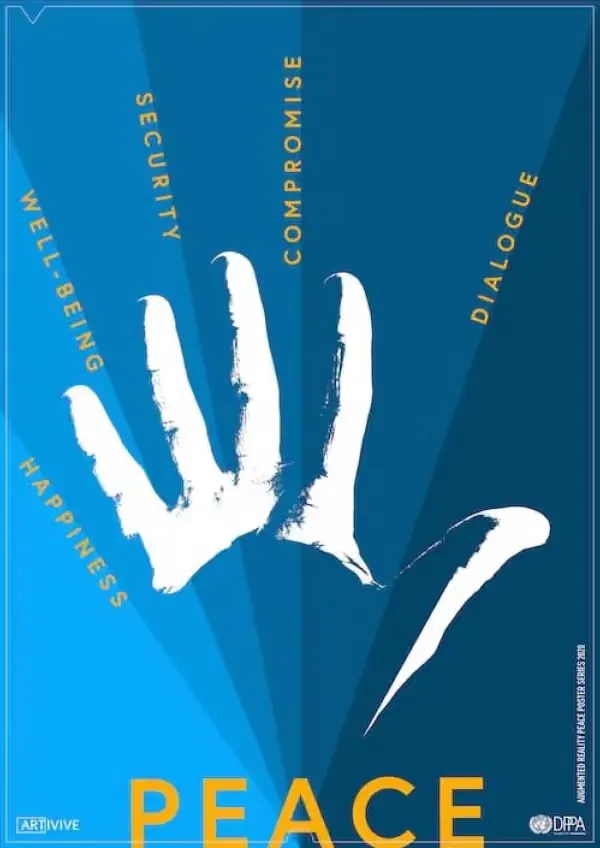 White handprint with words happiness, well-being, security, compromise, and dialogue radiating from fingers on a blue background with the word PEACE at the bottom.