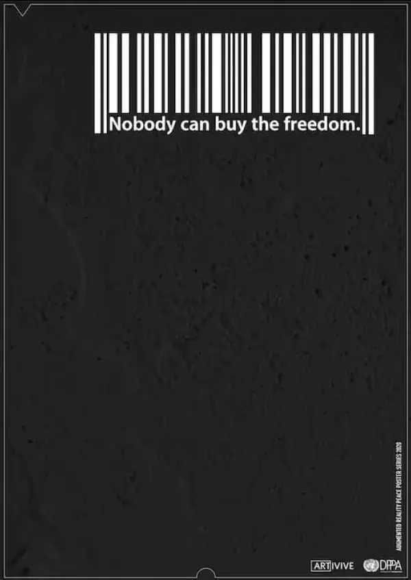 White barcode with the text 'Nobody can buy the freedom.' on a black textured background.